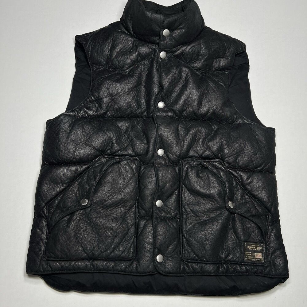 Ralph Lauren Denim & Supply Mens Faux Suede Black Down Puffer y2k Vest  Large